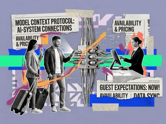 Collage-style illustration of Model Context Protocol connecting hotel systems to AI, showing travellers, hotel staff, and real-time availability and pricing data exchange.